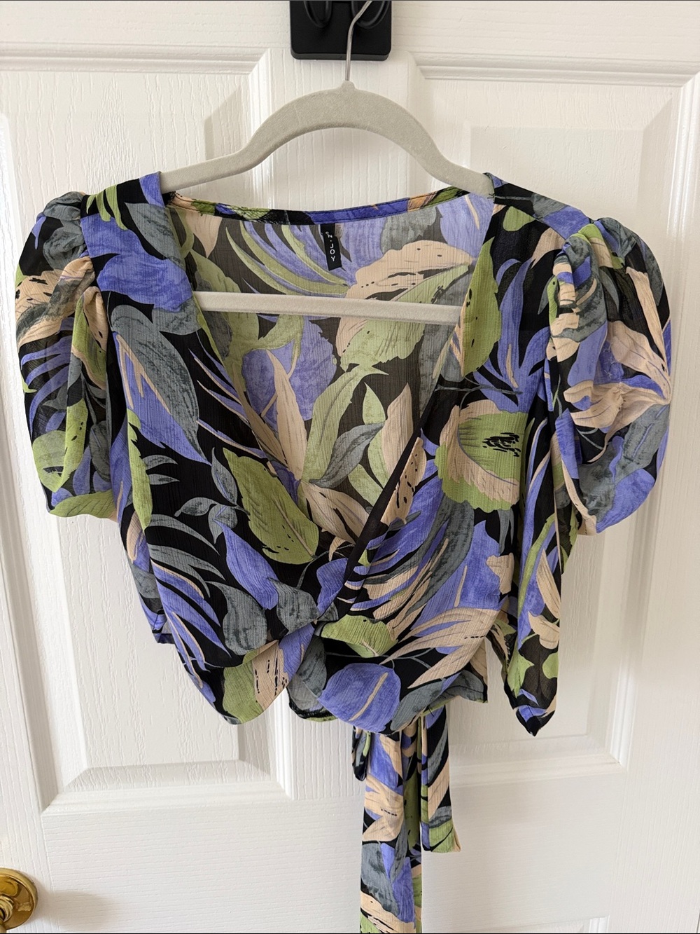 San Joy Black Floral Wrap Crop Top with Blue, Green & Cream Leaves